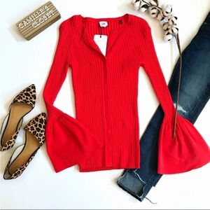 CABI Hibiscus Red Trumpet Bell Sleeve Ribbed Cardigan size S